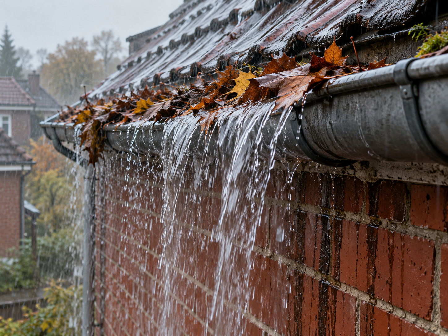 Mit Laub verstopfte Dachrinne läuft bei Regen über, Wasser fließt an der Hausfassade herunter